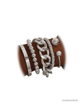Silver Chunky Chain Stackable Bracelet Set, 5pc Link Bracelets